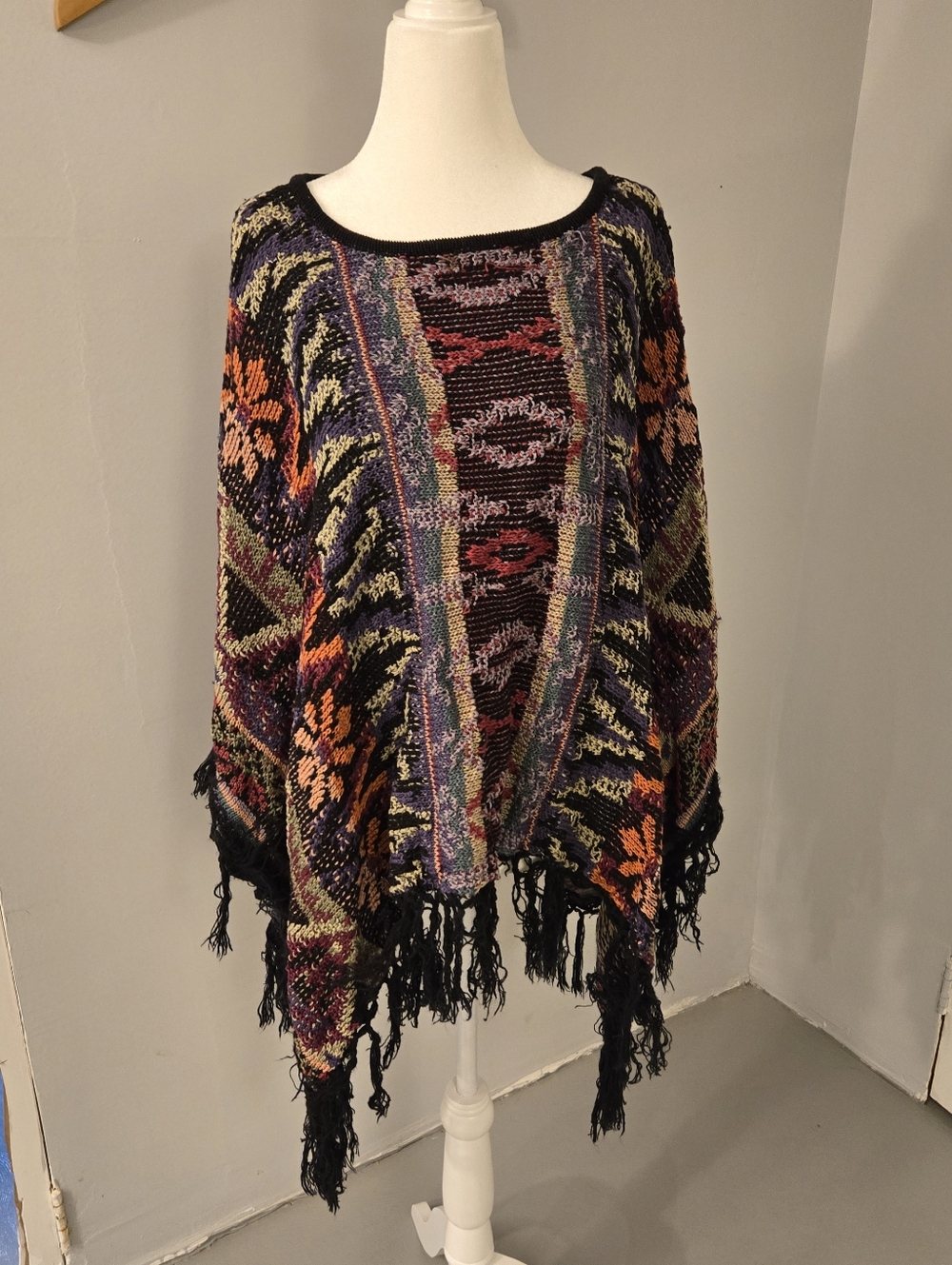 Peruvian Connection Corsa Pima Cotton Multicolor Southwest Boho Fringe Poncho OS